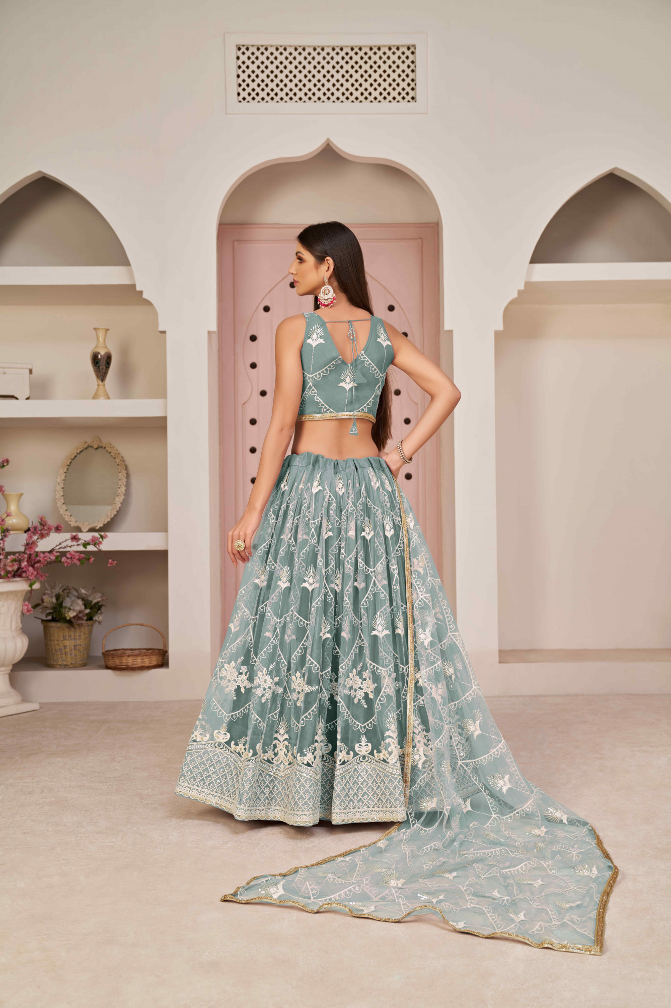 Ocean Blue Net Embroidered Wedding Reception Festival Heavy Border Lehenga Choli