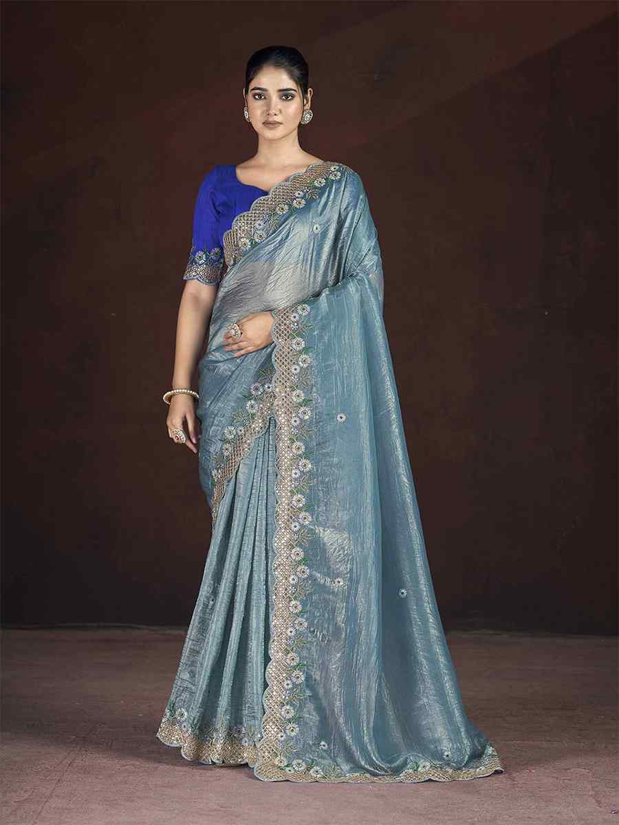Ocean Blue Soft Gold Crush Embroidered Festival Wedding Fancy Heavy Border Saree