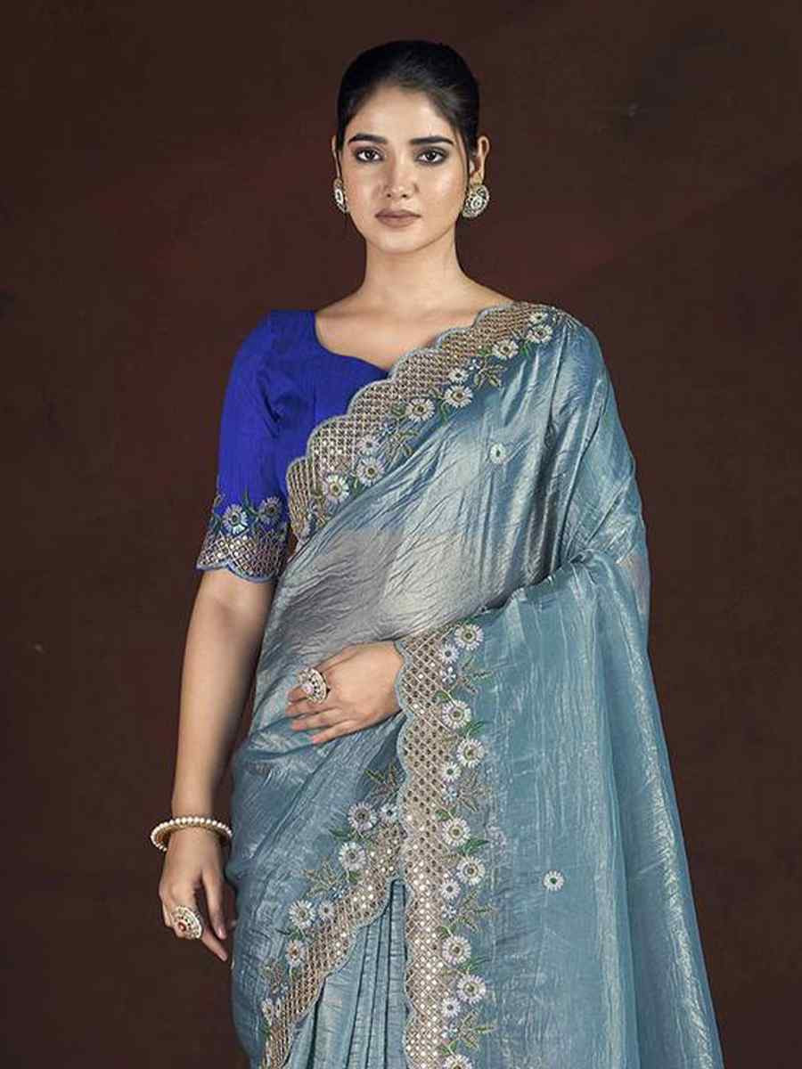 Ocean Blue Soft Gold Crush Embroidered Festival Wedding Fancy Heavy Border Saree