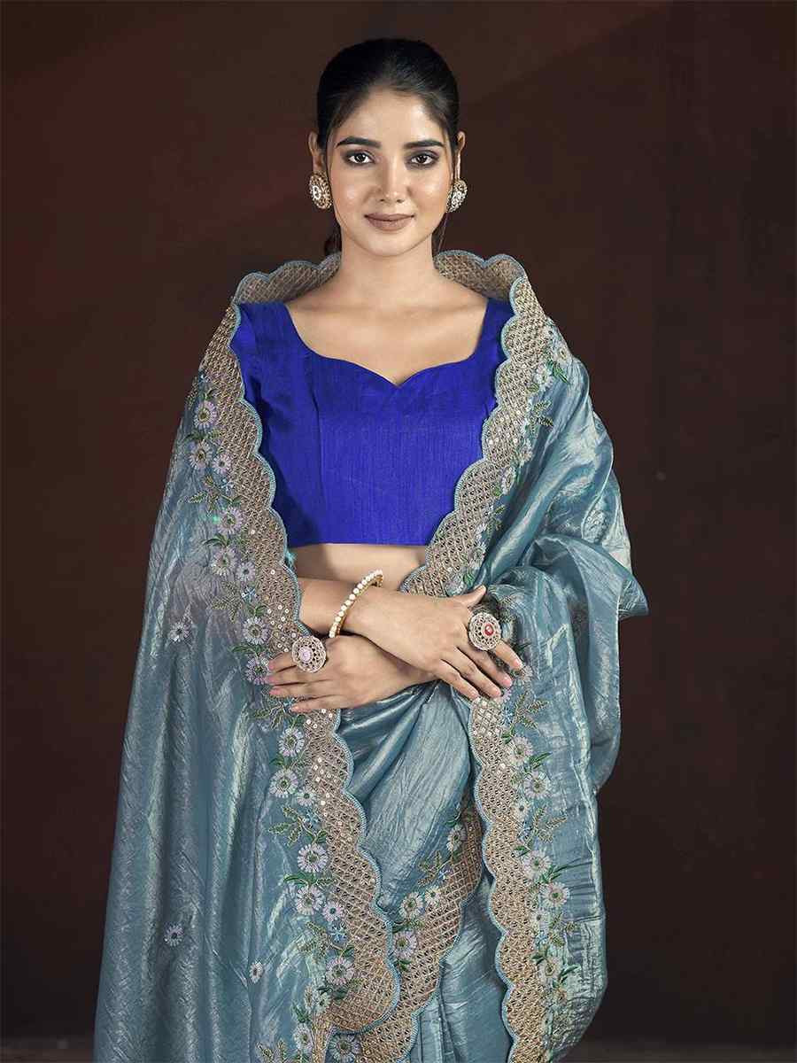 Ocean Blue Soft Gold Crush Embroidered Festival Wedding Fancy Heavy Border Saree