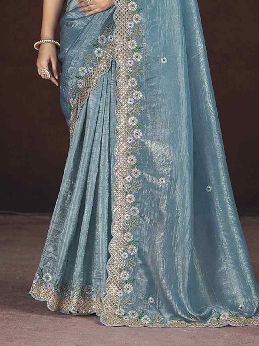 Ocean Blue Soft Gold Crush Embroidered Festival Wedding Fancy Heavy Border Saree