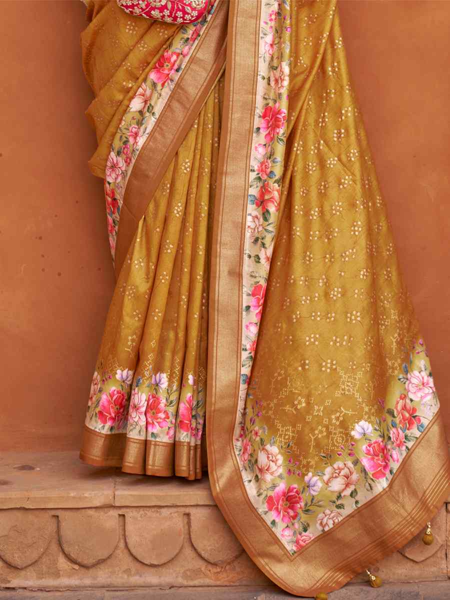Ochre Yellow Silk Printed Casual Festival Classic Style Saree
