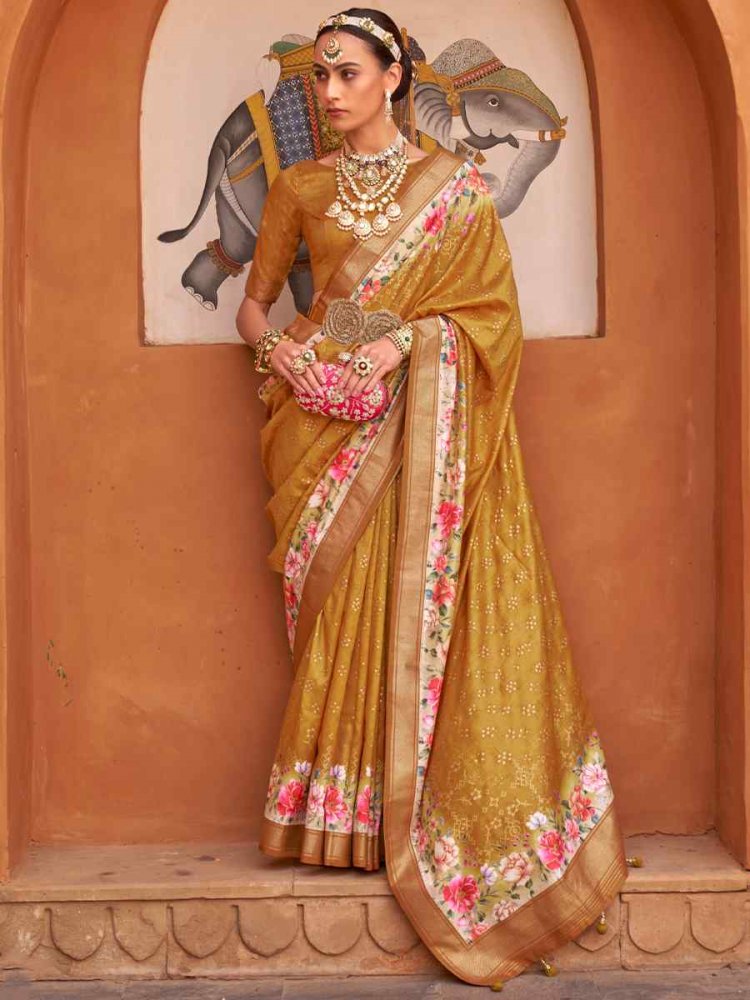 Ochre Yellow Silk Printed Casual Festival Classic Style Saree