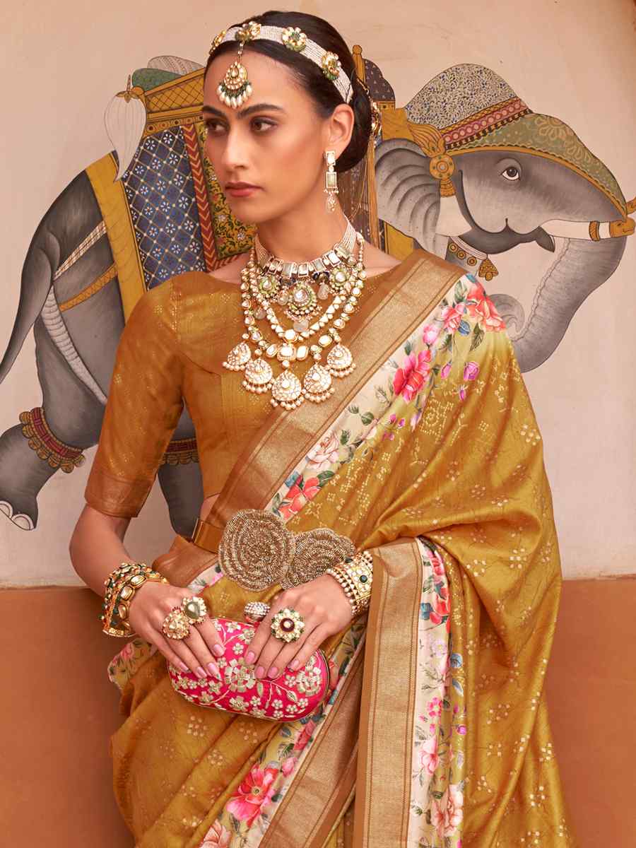 Ochre Yellow Silk Printed Casual Festival Classic Style Saree