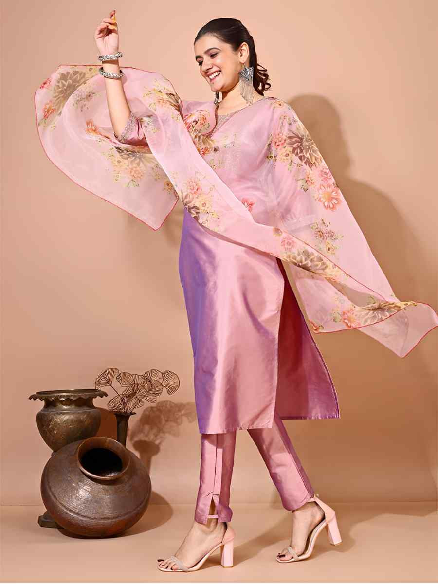 Off Pink Taffeta Silk Embroidered Festival Casual Pant Ready Salwar Kameez