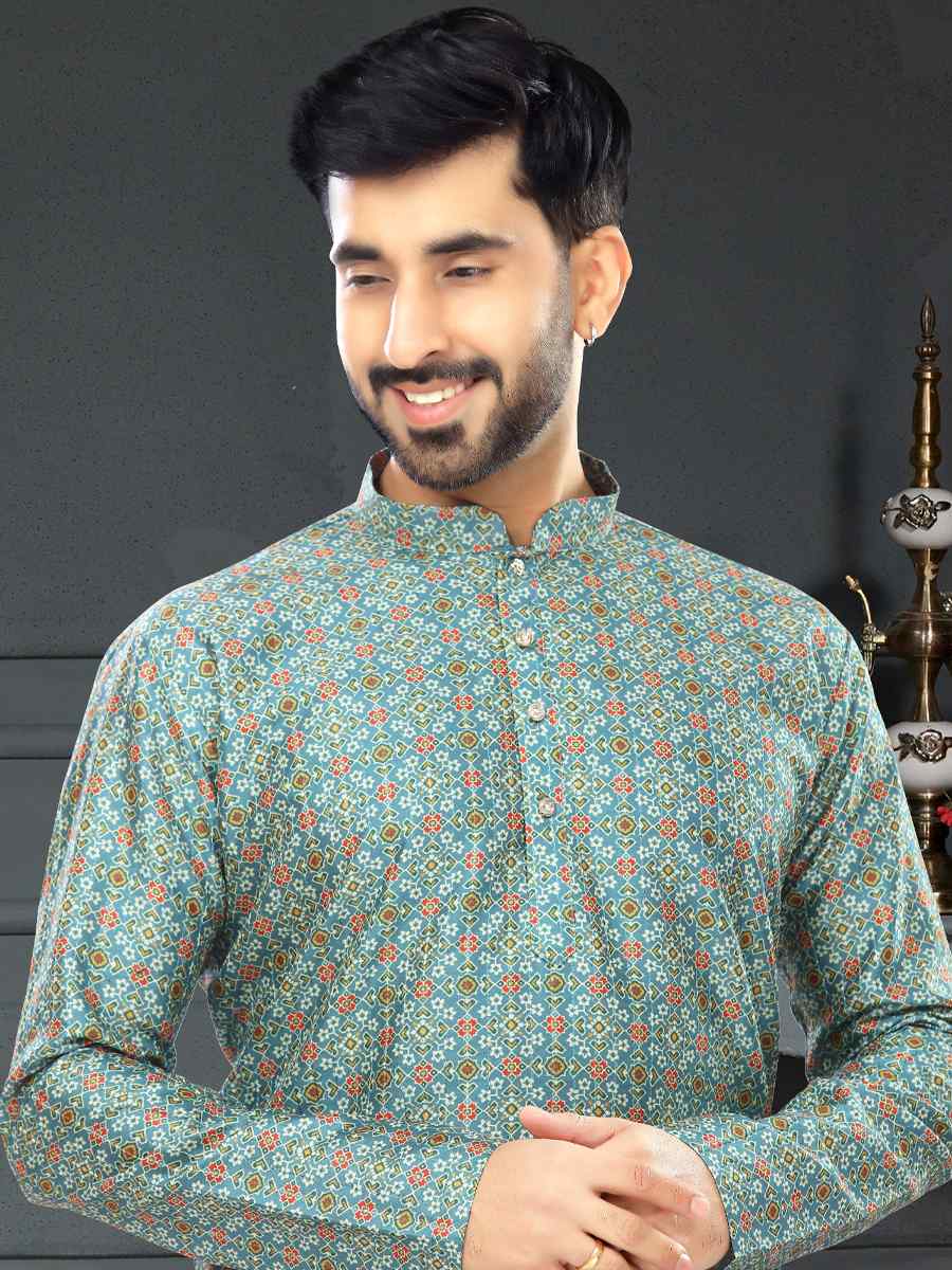Off Turquoise Silk Printed Festival Party Kurta