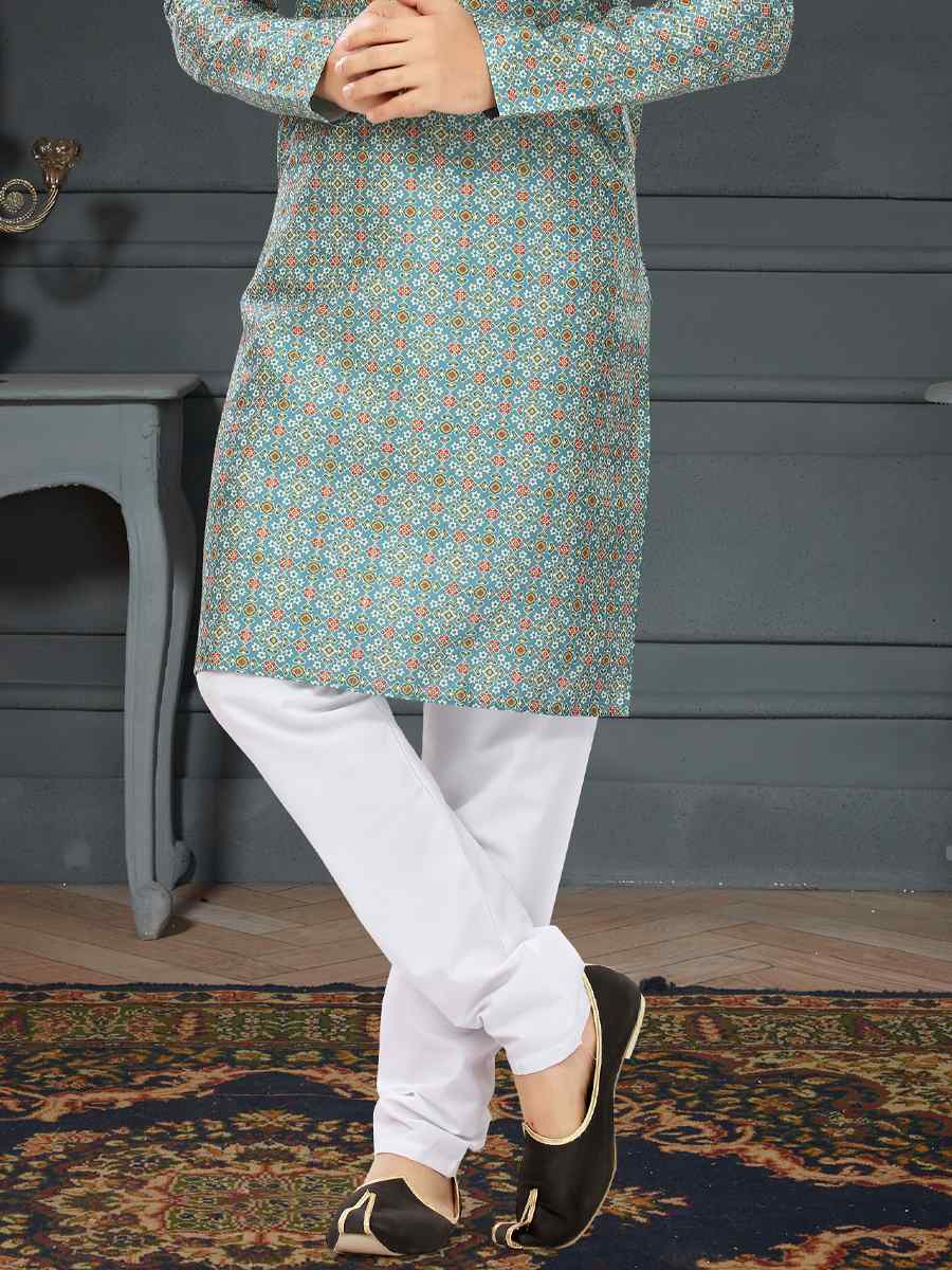 Off Turquoise Silk Printed Festival Party Kurta