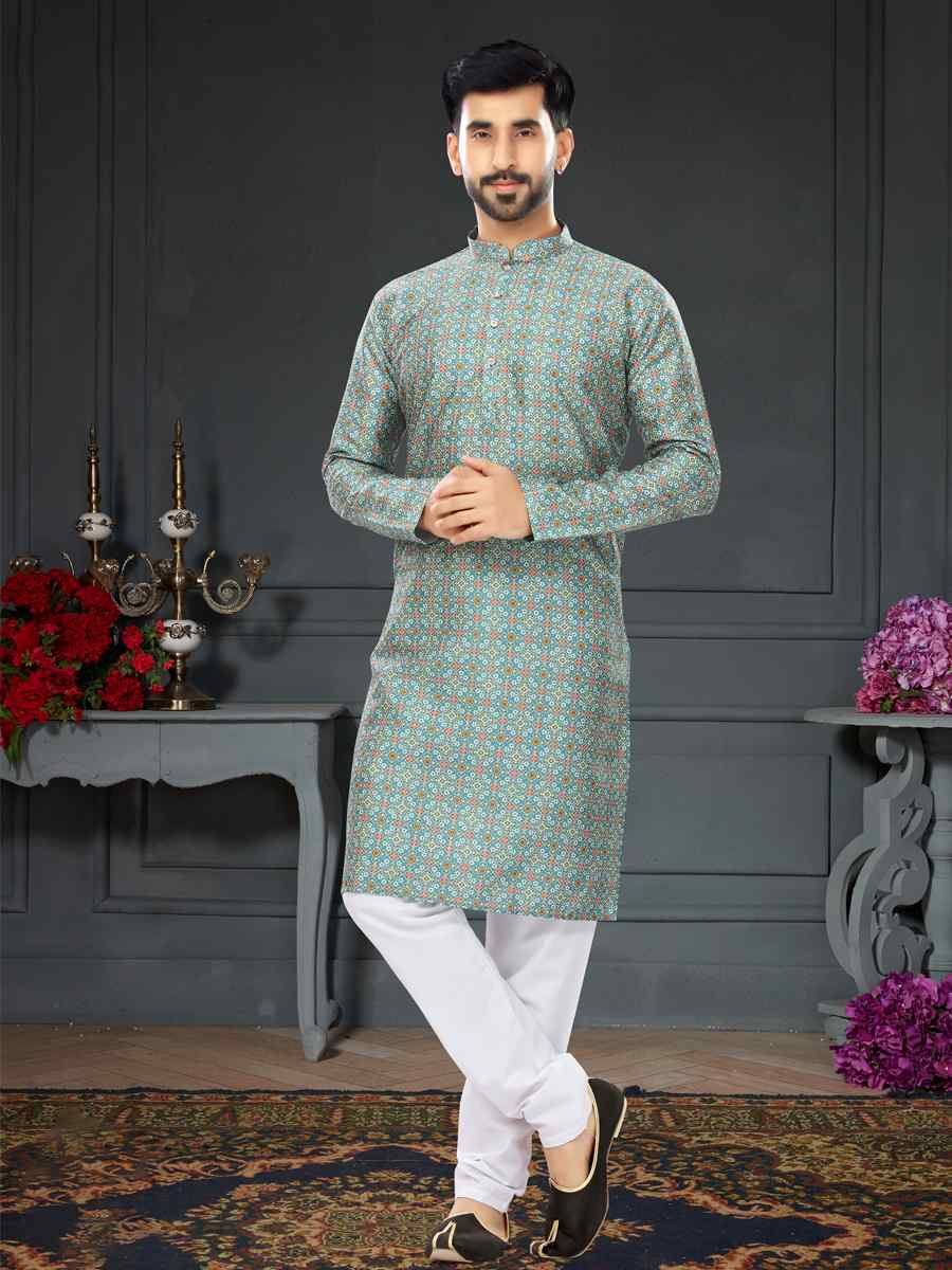 Off Turquoise Silk Printed Festival Party Kurta