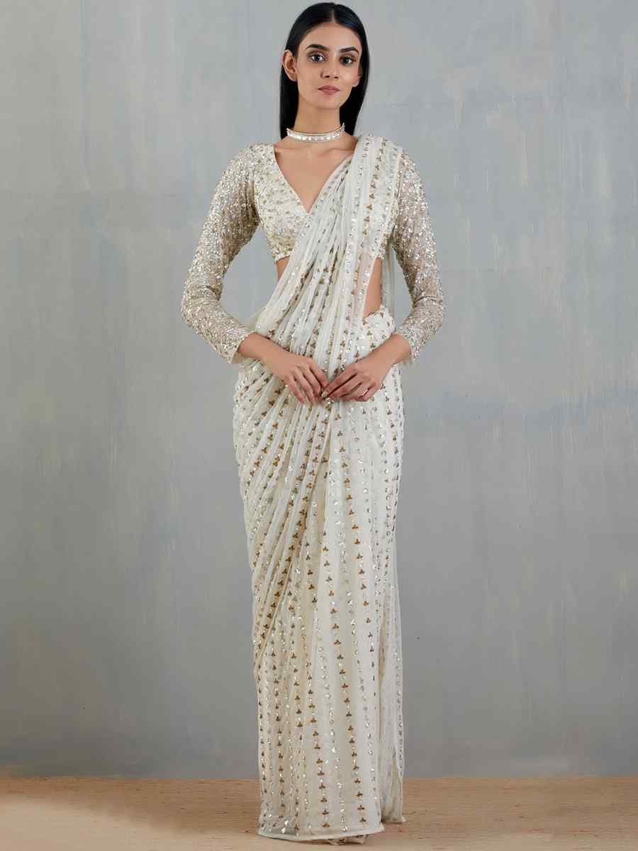 Off White Premium Soft Net Embroidered Wedding Festival Heavy Border Saree