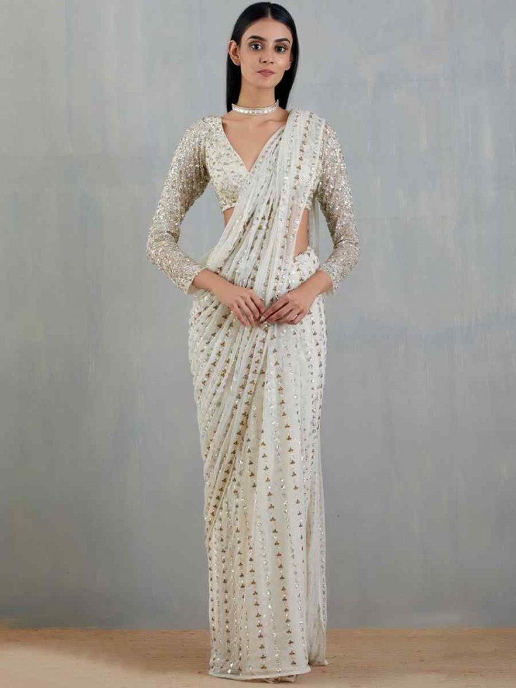 Off White  Premium Soft Net Embroidered Wedding Festival Heavy Border Saree