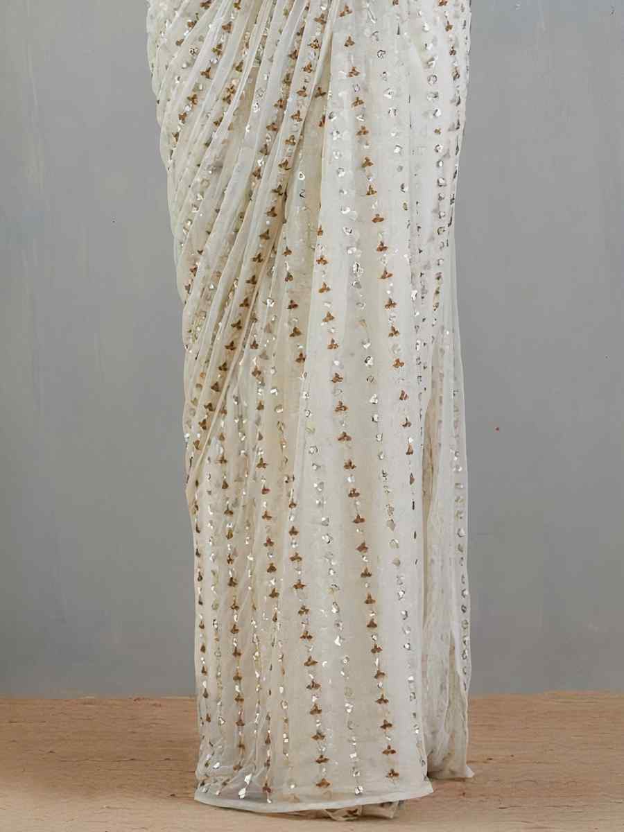 Off White Premium Soft Net Embroidered Wedding Festival Heavy Border Saree