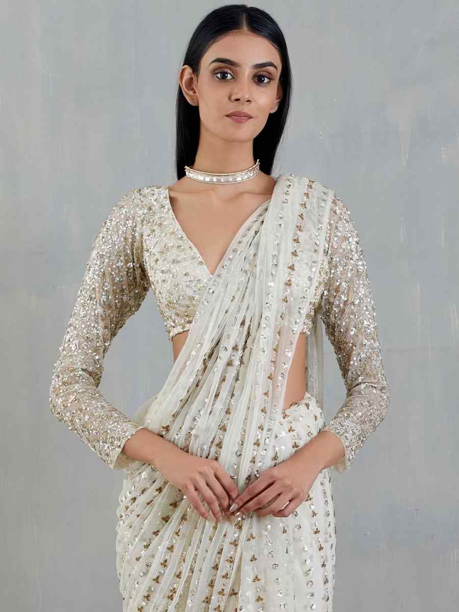 Off White Premium Soft Net Embroidered Wedding Festival Heavy Border Saree