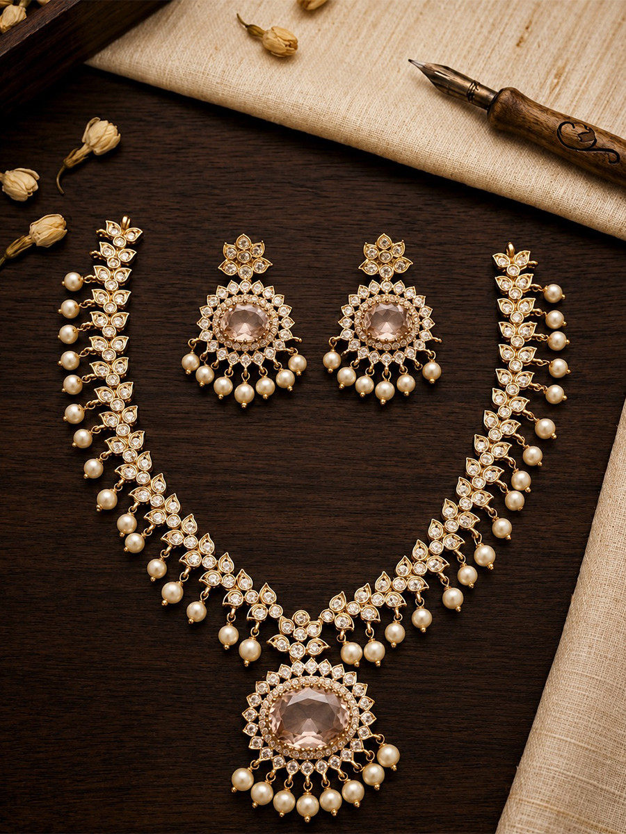 Off White AD Stone Kundan Stone Pearls Wedding Party Festival Wear Necklace Set With Earrings