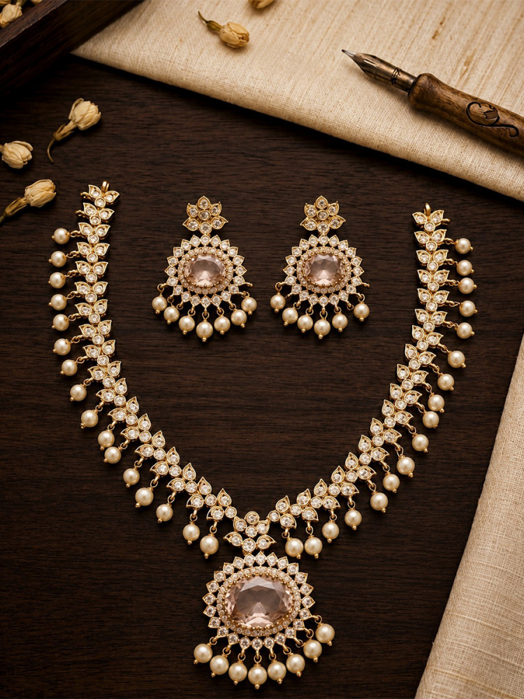 Image of Off White A.D. Stone Kundan Stone Pearls Wedding Party Festival Wear Necklace Set With Earrings
