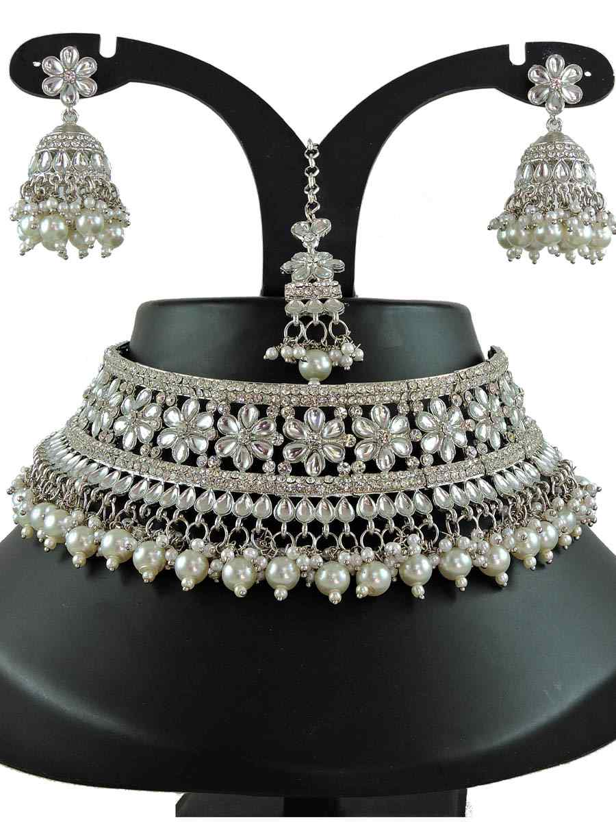 Off White Alloy Bridal Wear Diamonds Necklace