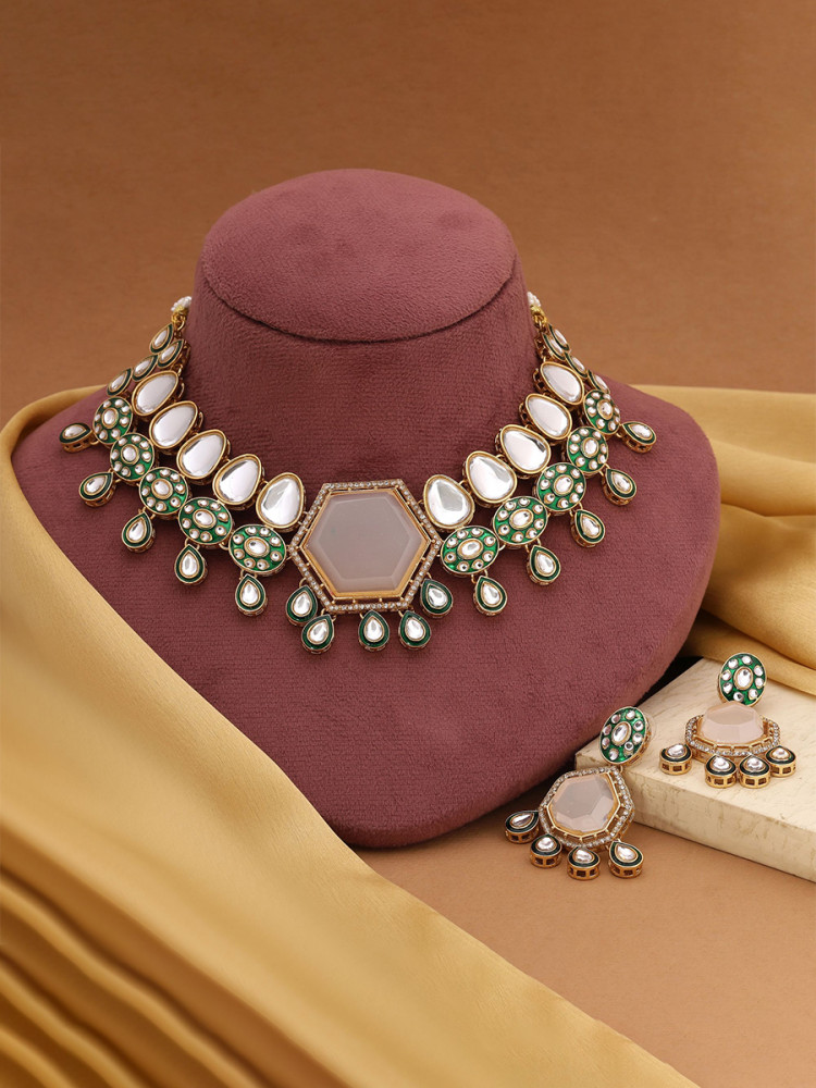 Image of Off White Alloy Wedding Party Festival Wear Meenakari Gemstone Kundan Necklace