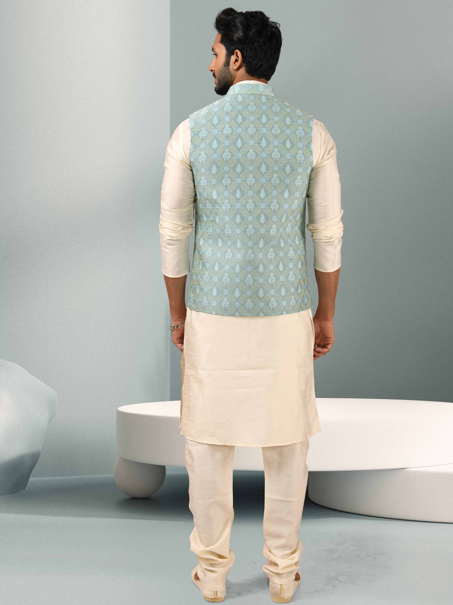 Off-White And Baby Blue Jacquard Banarasi Silk Woven Kurta Nehru Jacket Set