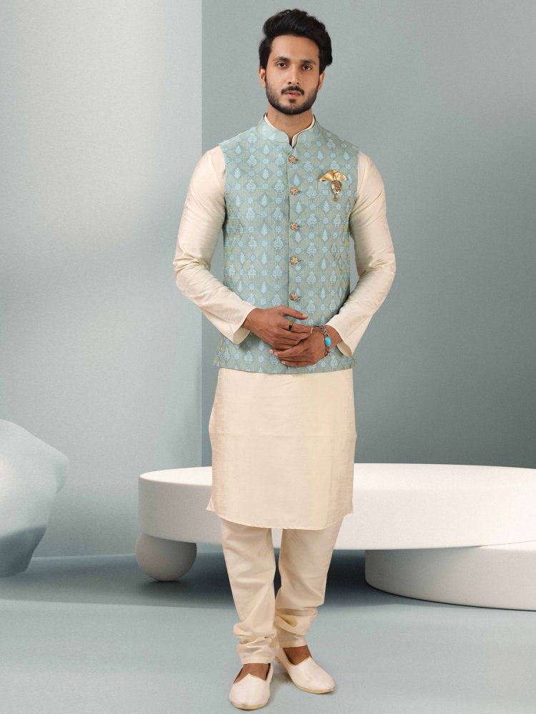 Off-White And Baby Blue Jacquard Banarasi Silk Woven Kurta Nehru Jacket Set