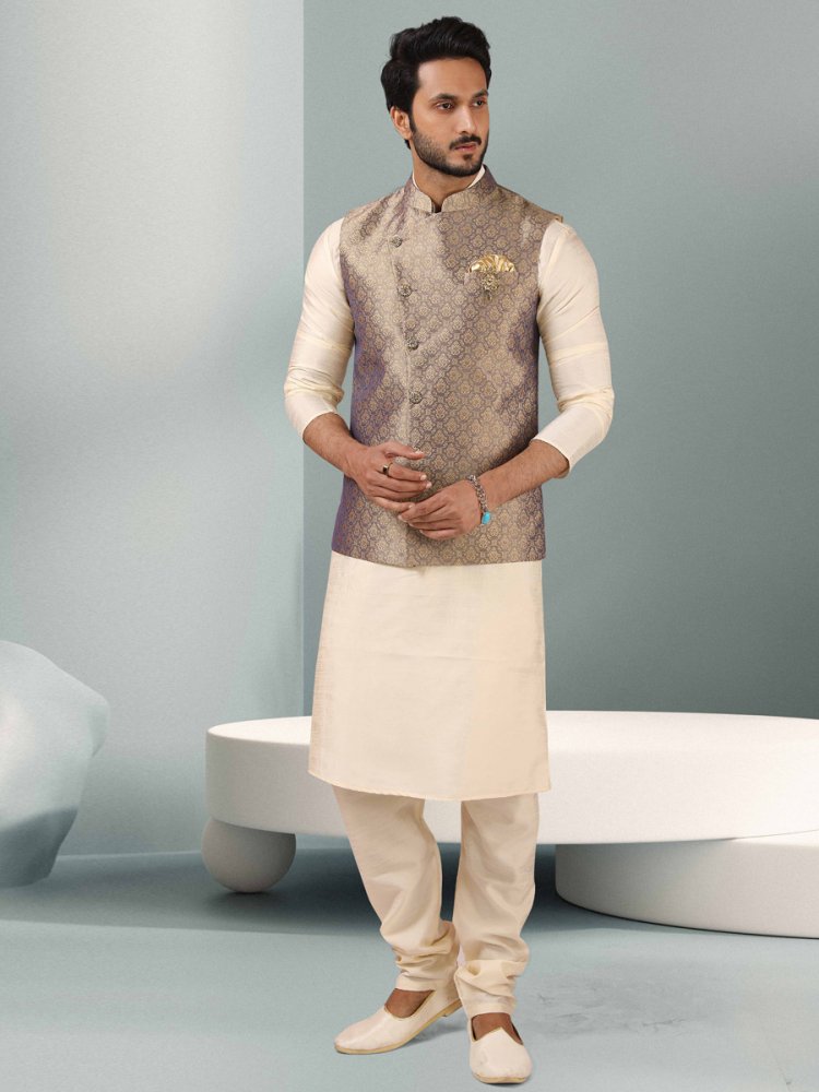 Off-White And Mountbatten Pink Jacquard Banarasi Silk Woven Kurta Nehru Jacket Set