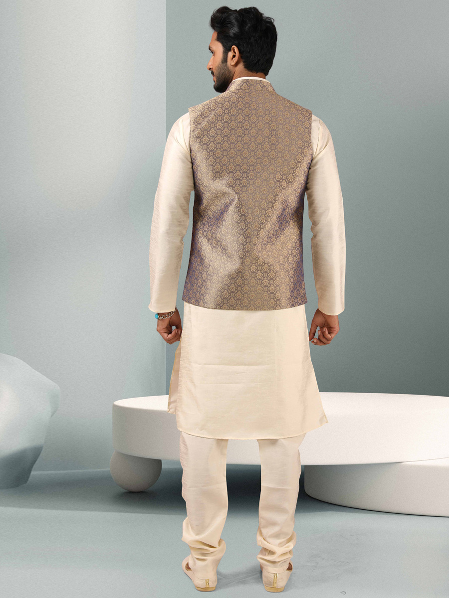 Off-White And Mountbatten Pink Jacquard Banarasi Silk Woven Kurta Nehru Jacket Set