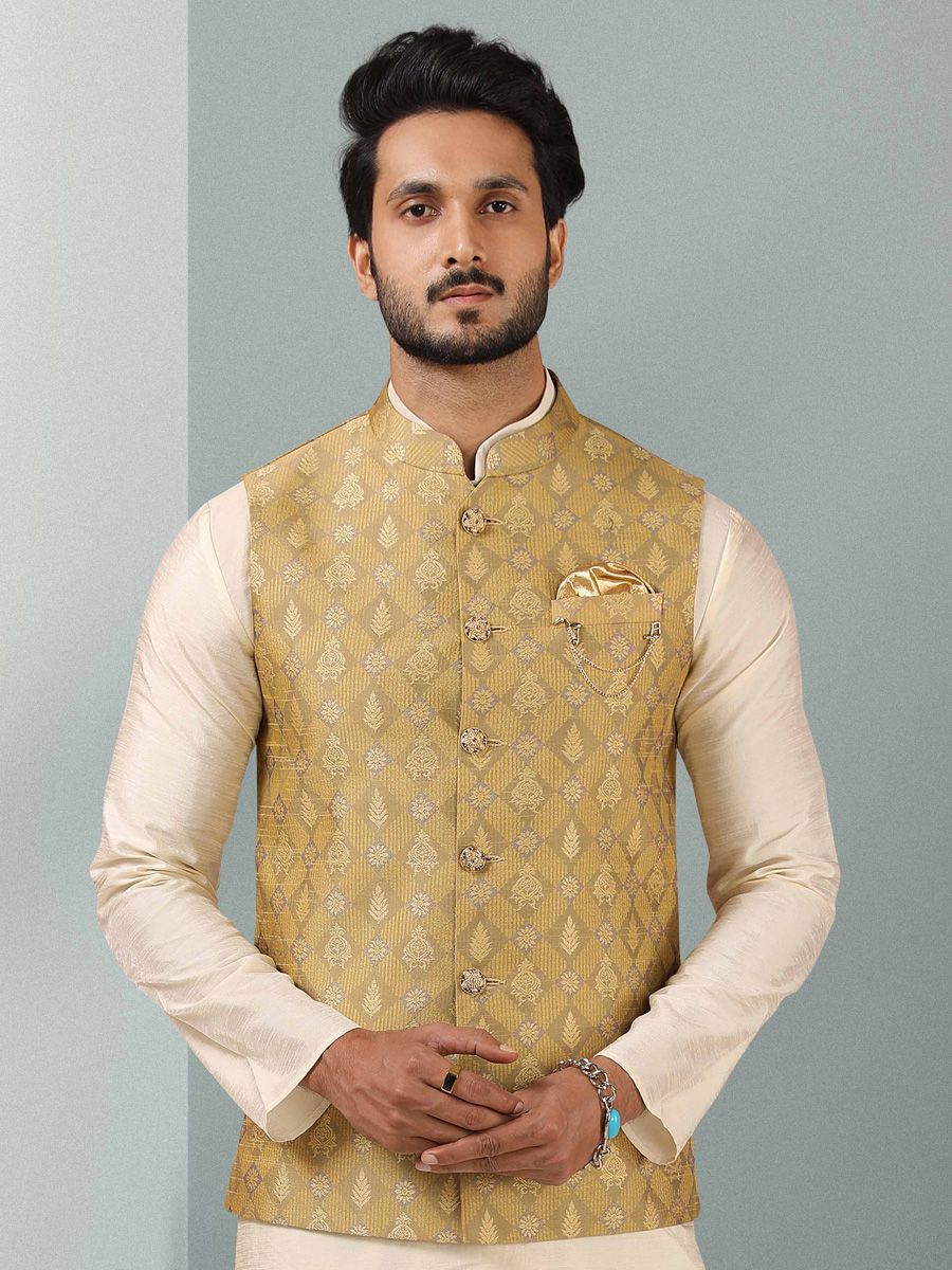Off-White And Peach Yellow Jacquard Banarasi Silk Woven Kurta Nehru Jacket Set