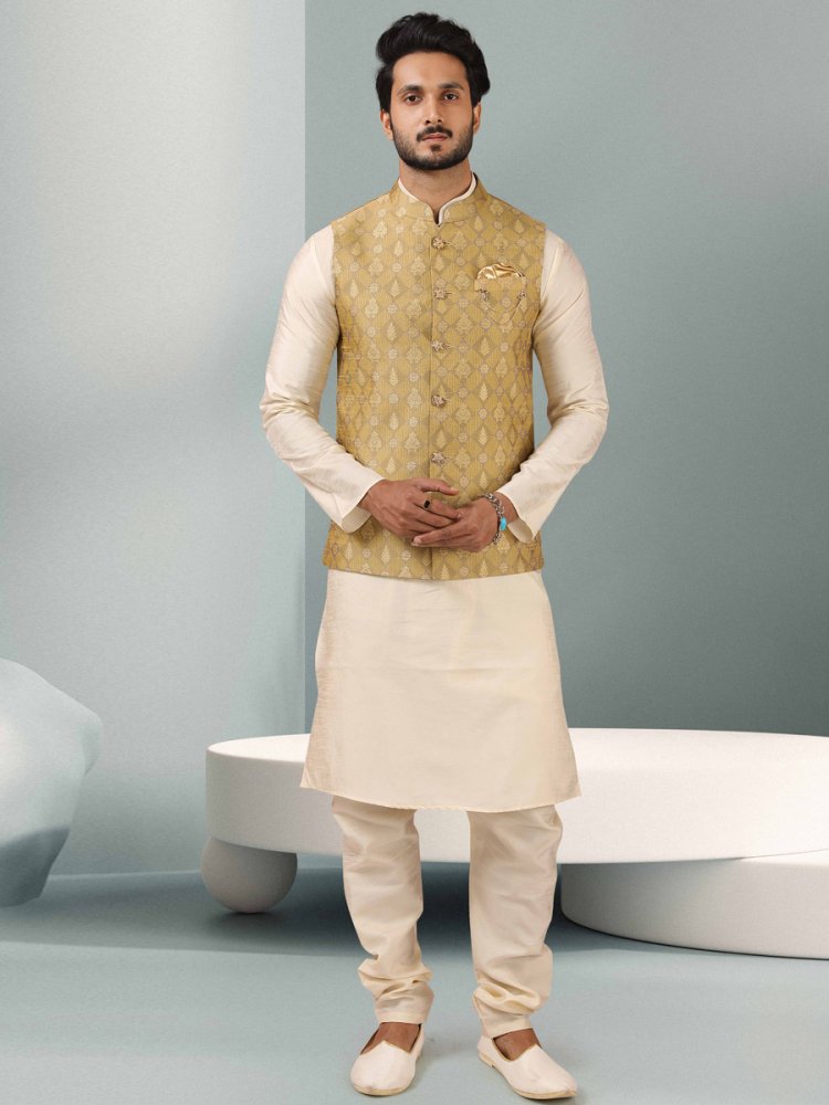 Off-White And Peach Yellow Jacquard Banarasi Silk Woven Kurta Nehru Jacket Set