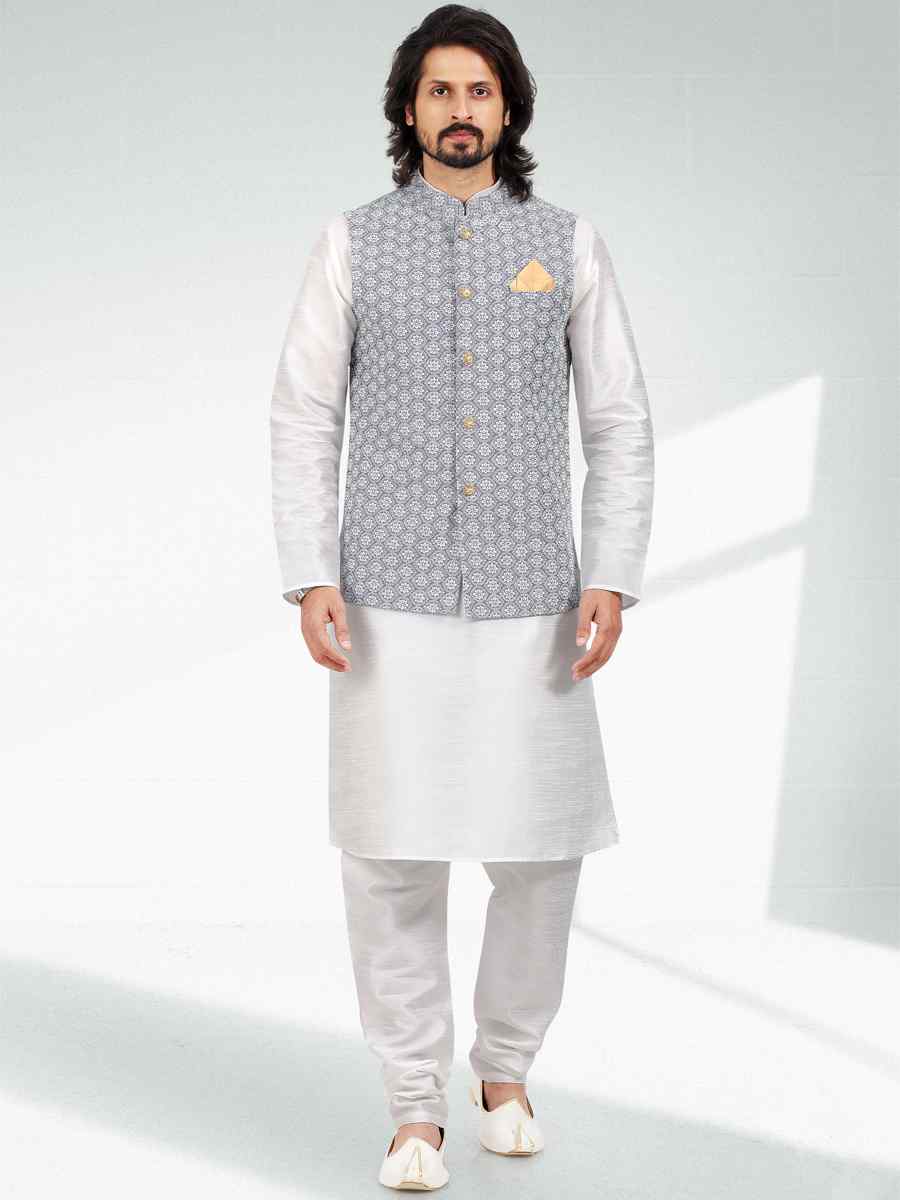 Off White Art Banarasi Silk Woven Festival Party Kurta