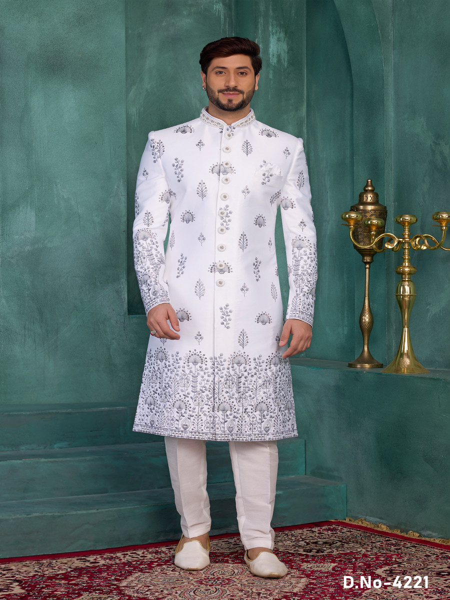 Off white Art silk Embroidered Computer Thread work Wedding Party Festival Groom Sherwani