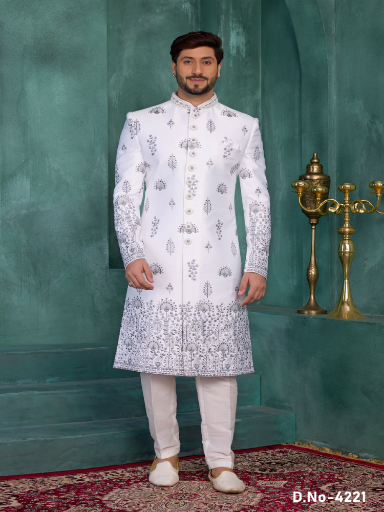 Image of Off white Art silk Embroidered Computer Thread work Wedding Party Festival Groom Sherwani