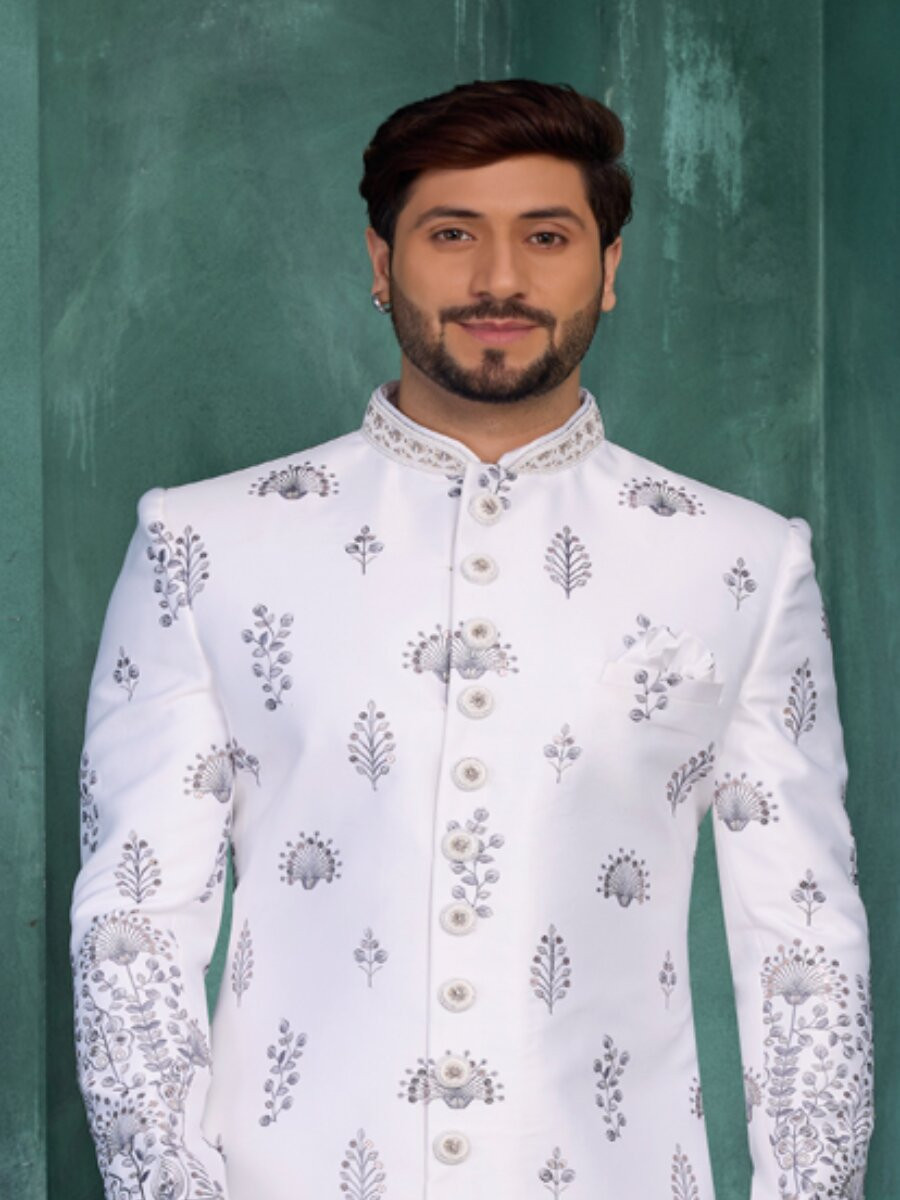 Off white Art silk Embroidered Computer Thread work Wedding Party Festival Groom Sherwani