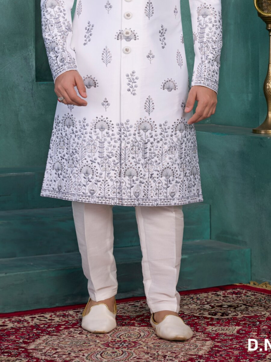 Off white Art silk Embroidered Computer Thread work Wedding Party Festival Groom Sherwani