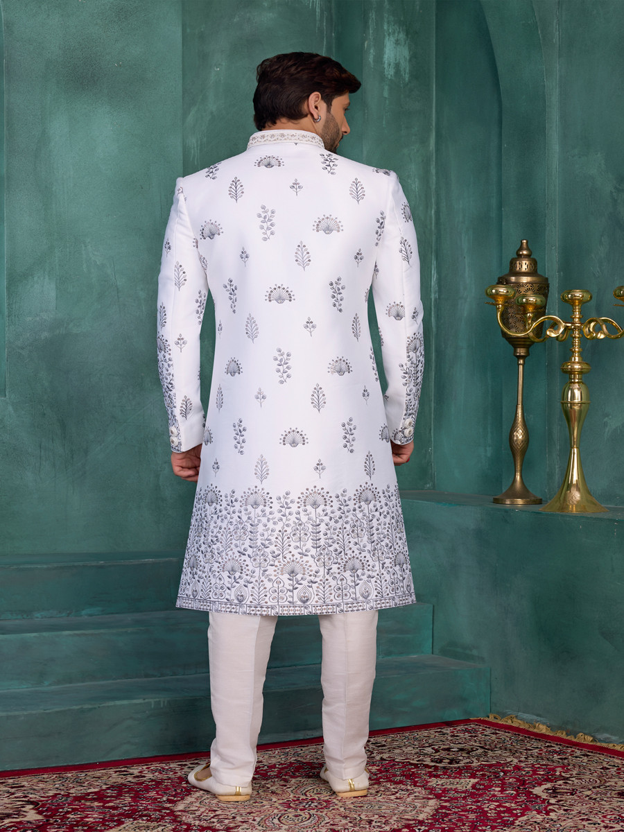 Off white Art silk Embroidered Computer Thread work Wedding Party Festival Groom Sherwani