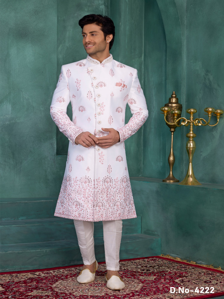 Image of Off white Art silk Embroidered Computer Thread work Wedding Party Festival Groom Sherwani