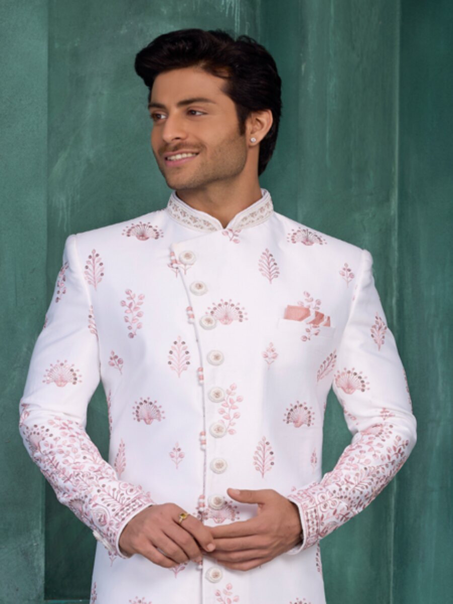 Off white Art silk Embroidered Computer Thread work Wedding Party Festival Groom Sherwani