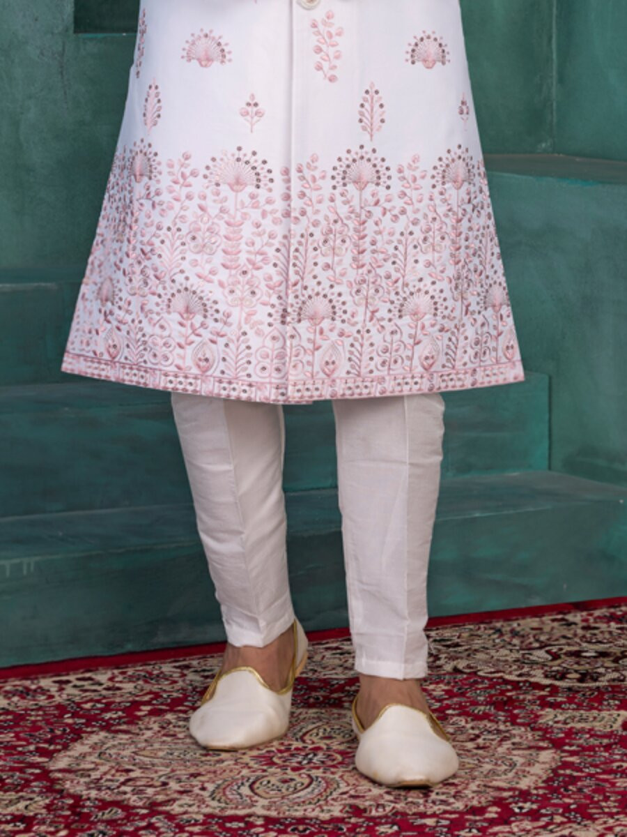 Off white Art silk Embroidered Computer Thread work Wedding Party Festival Groom Sherwani
