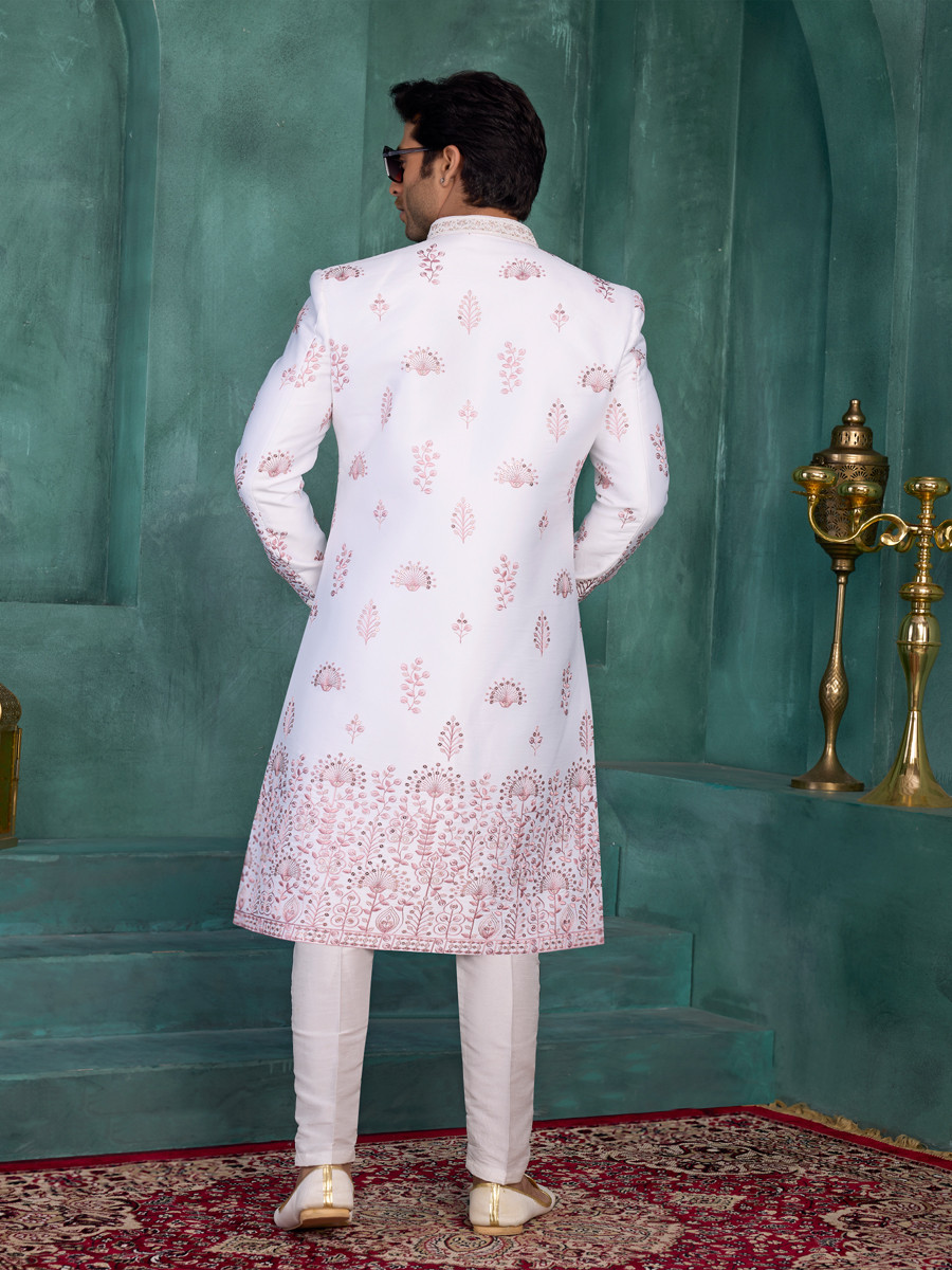 Off white Art silk Embroidered Computer Thread work Wedding Party Festival Groom Sherwani