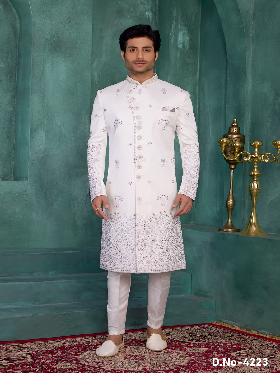Off white Art silk Embroidered Computer Thread work Wedding Party Festival Groom Sherwani