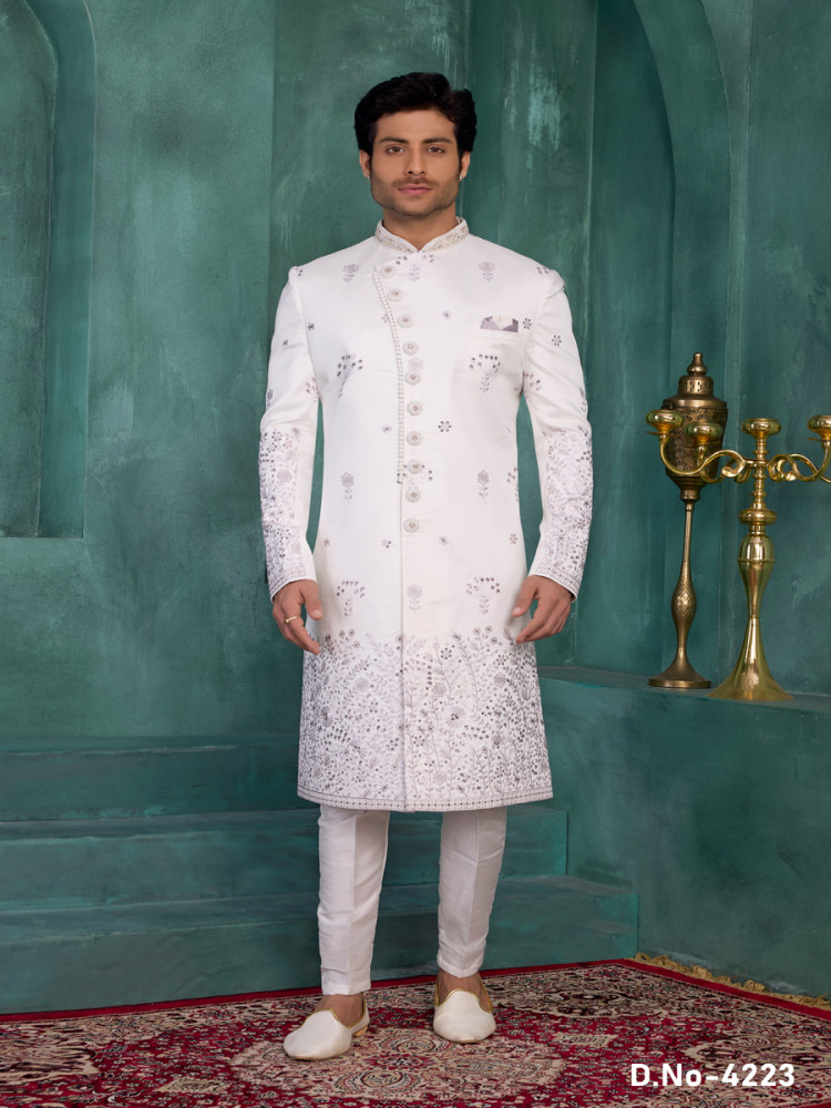Image of Off white Art silk Embroidered Computer Thread work Wedding Party Festival Groom Sherwani