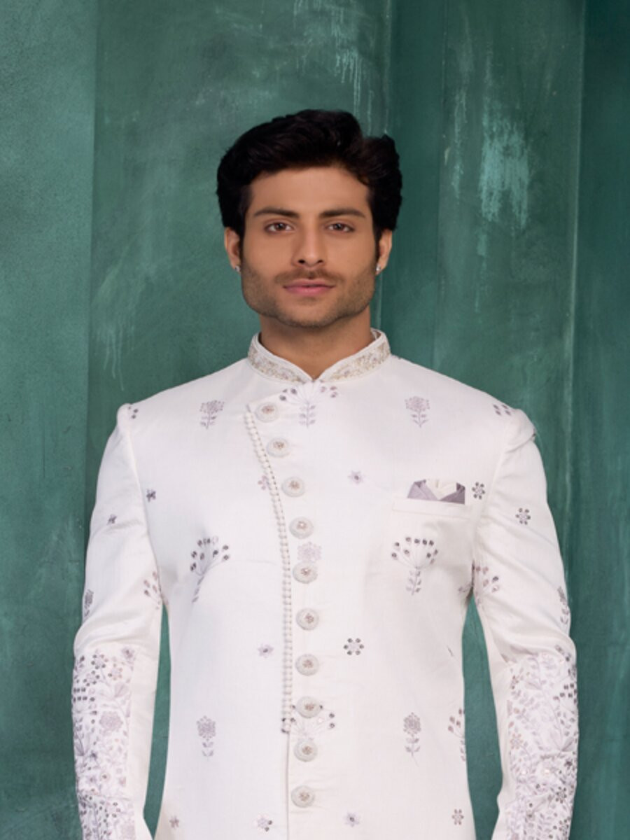 Off white Art silk Embroidered Computer Thread work Wedding Party Festival Groom Sherwani