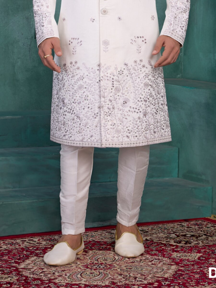 Off white Art silk Embroidered Computer Thread work Wedding Party Festival Groom Sherwani