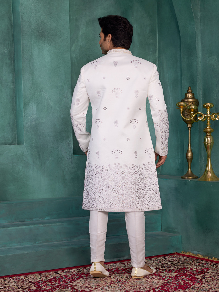 Off white Art silk Embroidered Computer Thread work Wedding Party Festival Groom Sherwani