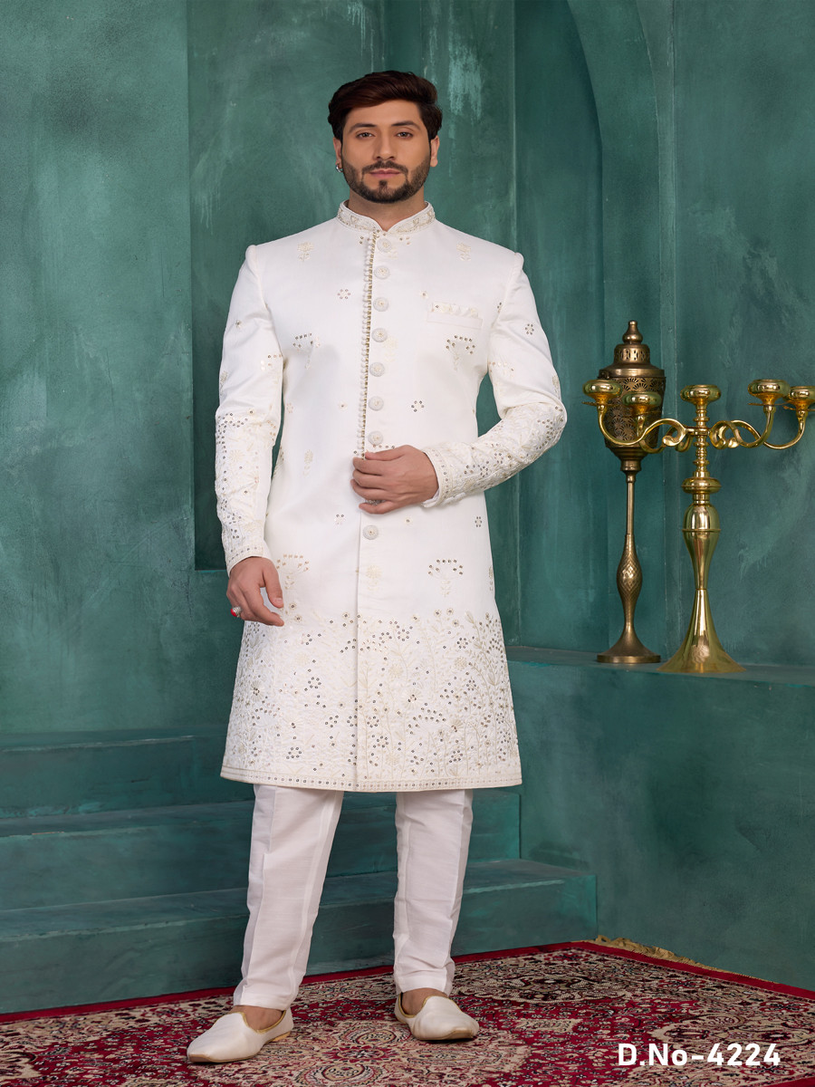 Off white Art silk Embroidered Computer Thread work Wedding Party Festival Groom Sherwani