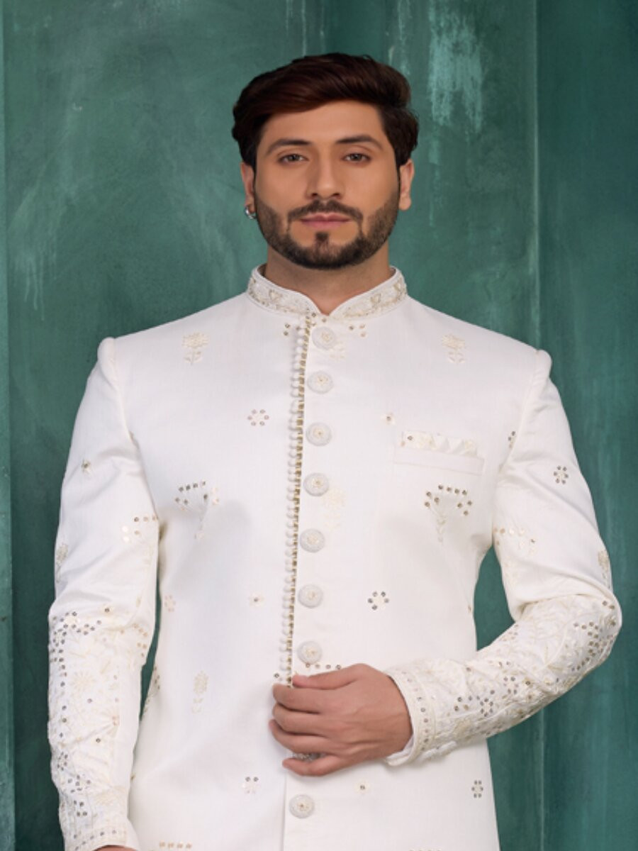 Off white Art silk Embroidered Computer Thread work Wedding Party Festival Groom Sherwani