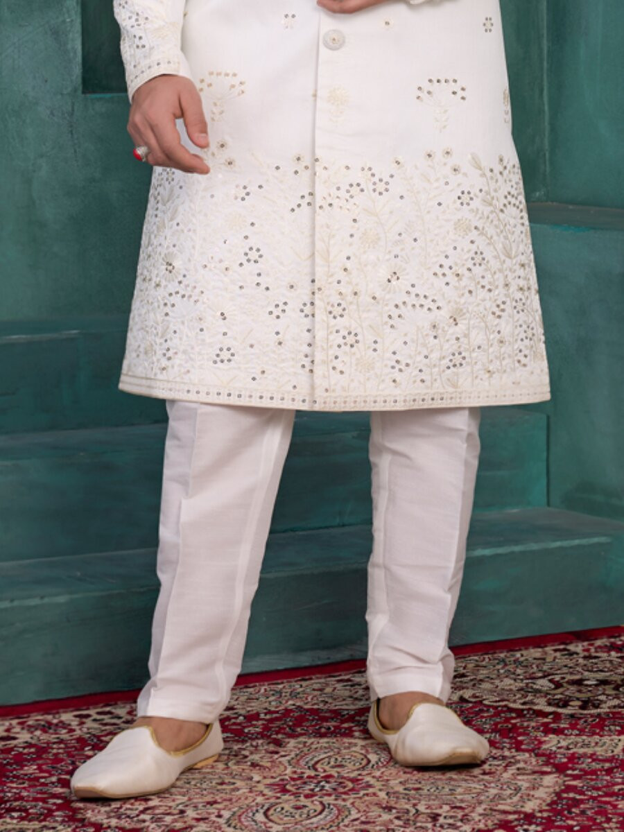 Off white Art silk Embroidered Computer Thread work Wedding Party Festival Groom Sherwani