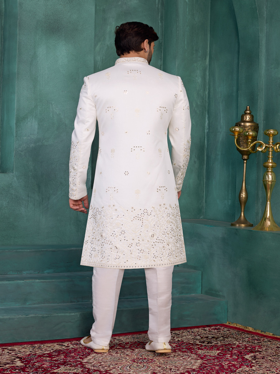 Off white Art silk Embroidered Computer Thread work Wedding Party Festival Groom Sherwani
