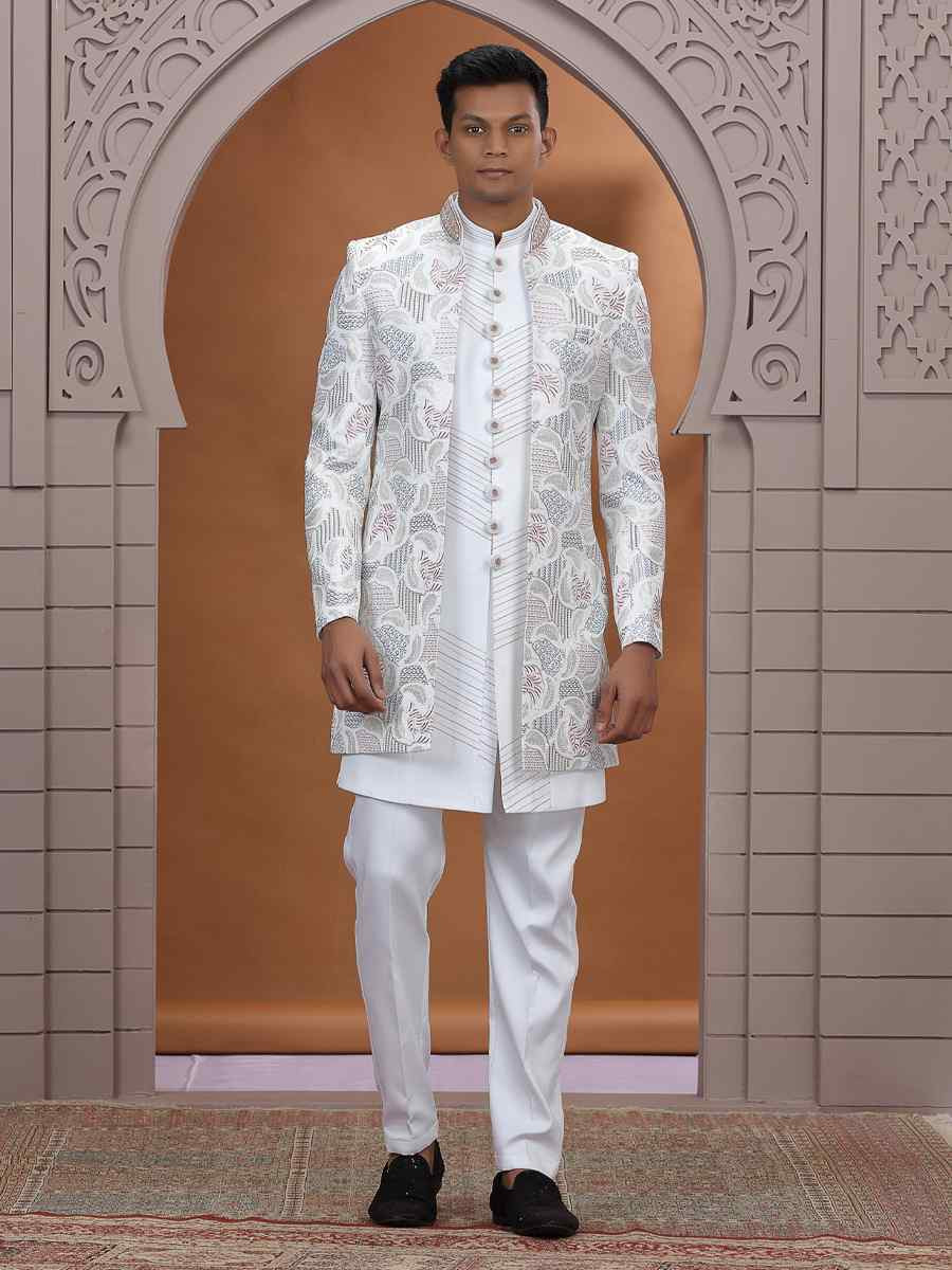 Off White Art Silk Embroidered Festival Wedding Mens 3 PCS Indo Western Set