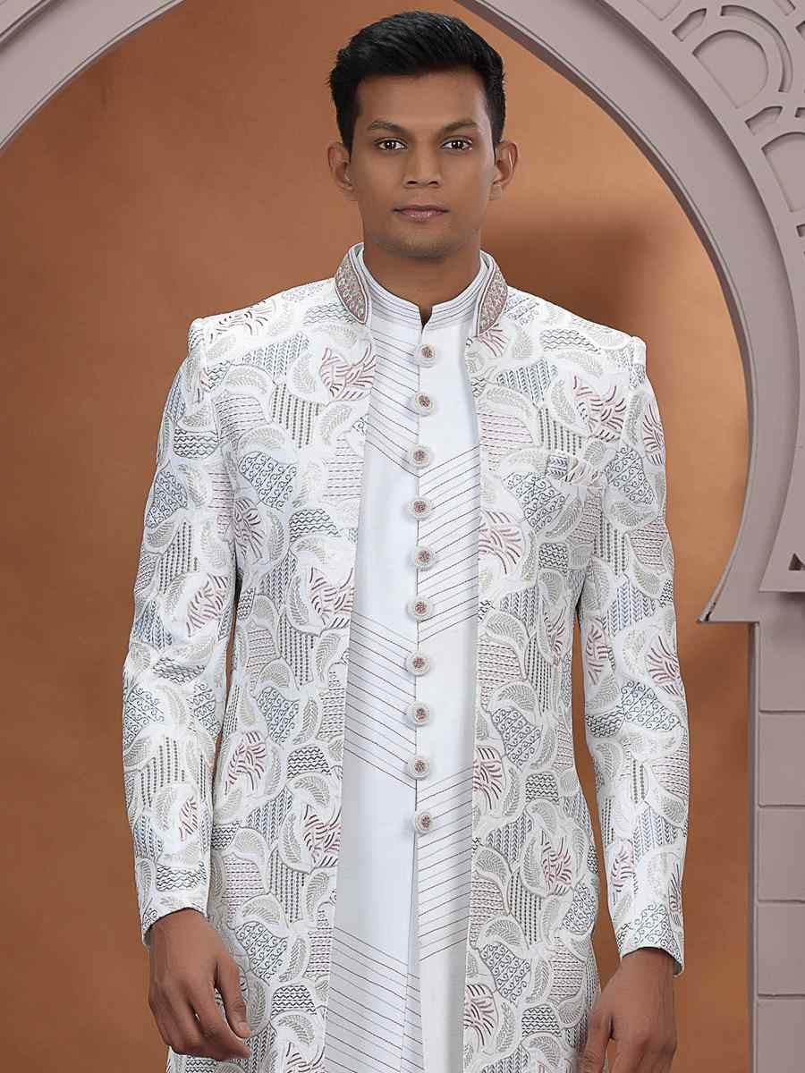 Off White Art Silk Embroidered Festival Wedding Mens 3 PCS Indo Western Set