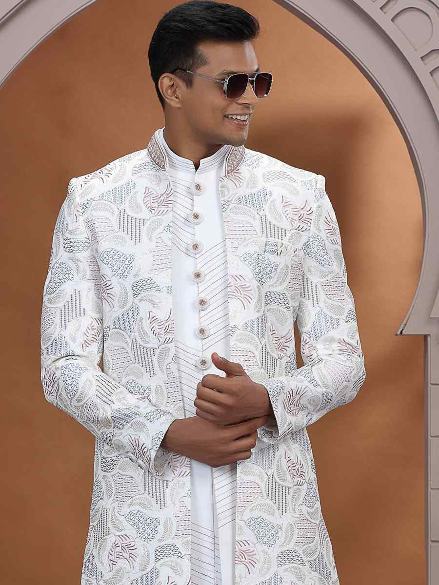 Off White Art Silk Embroidered Festival Wedding Mens 3 PCS Indo Western Set
