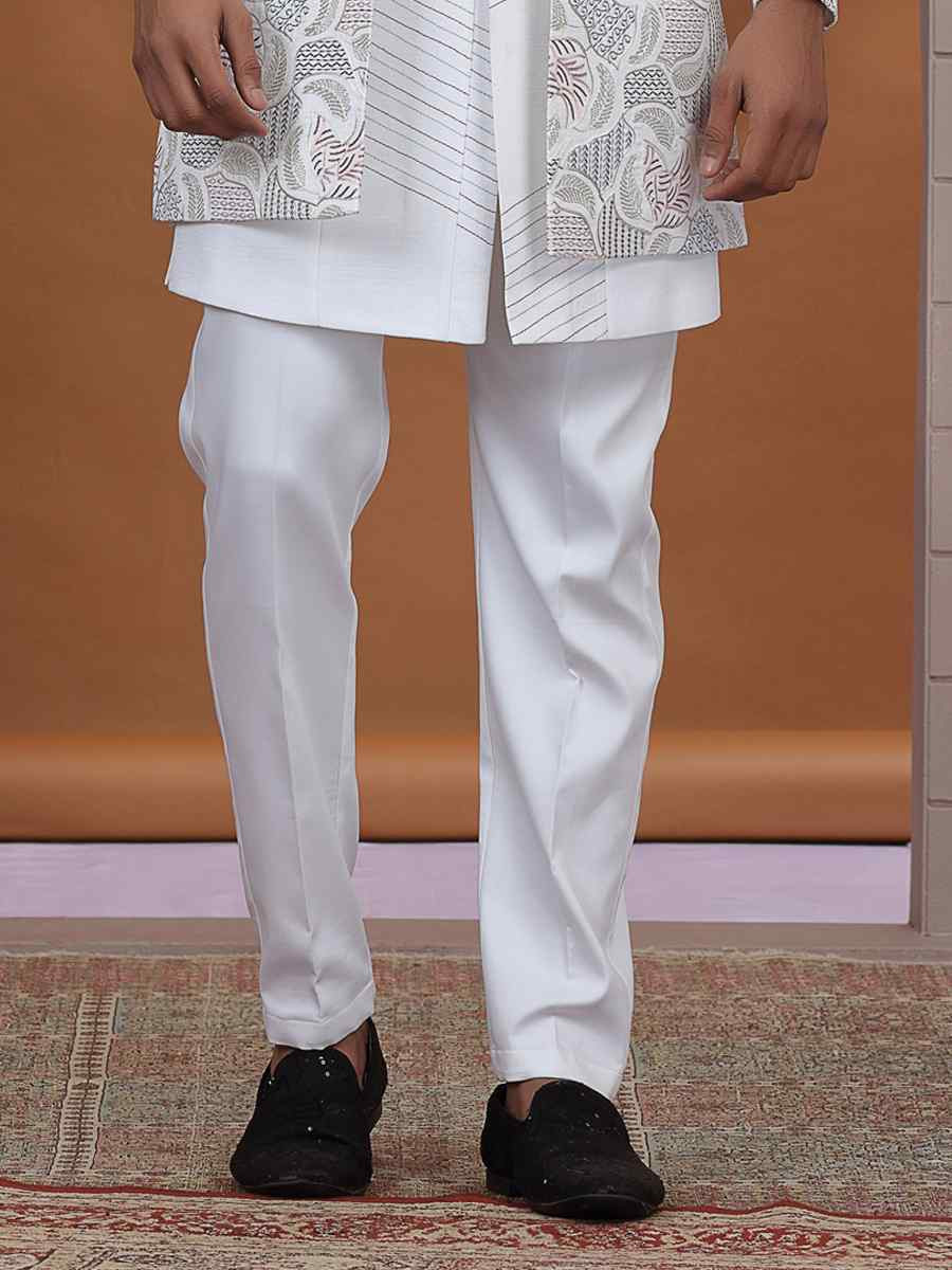 Off White Art Silk Embroidered Festival Wedding Mens 3 PCS Indo Western Set