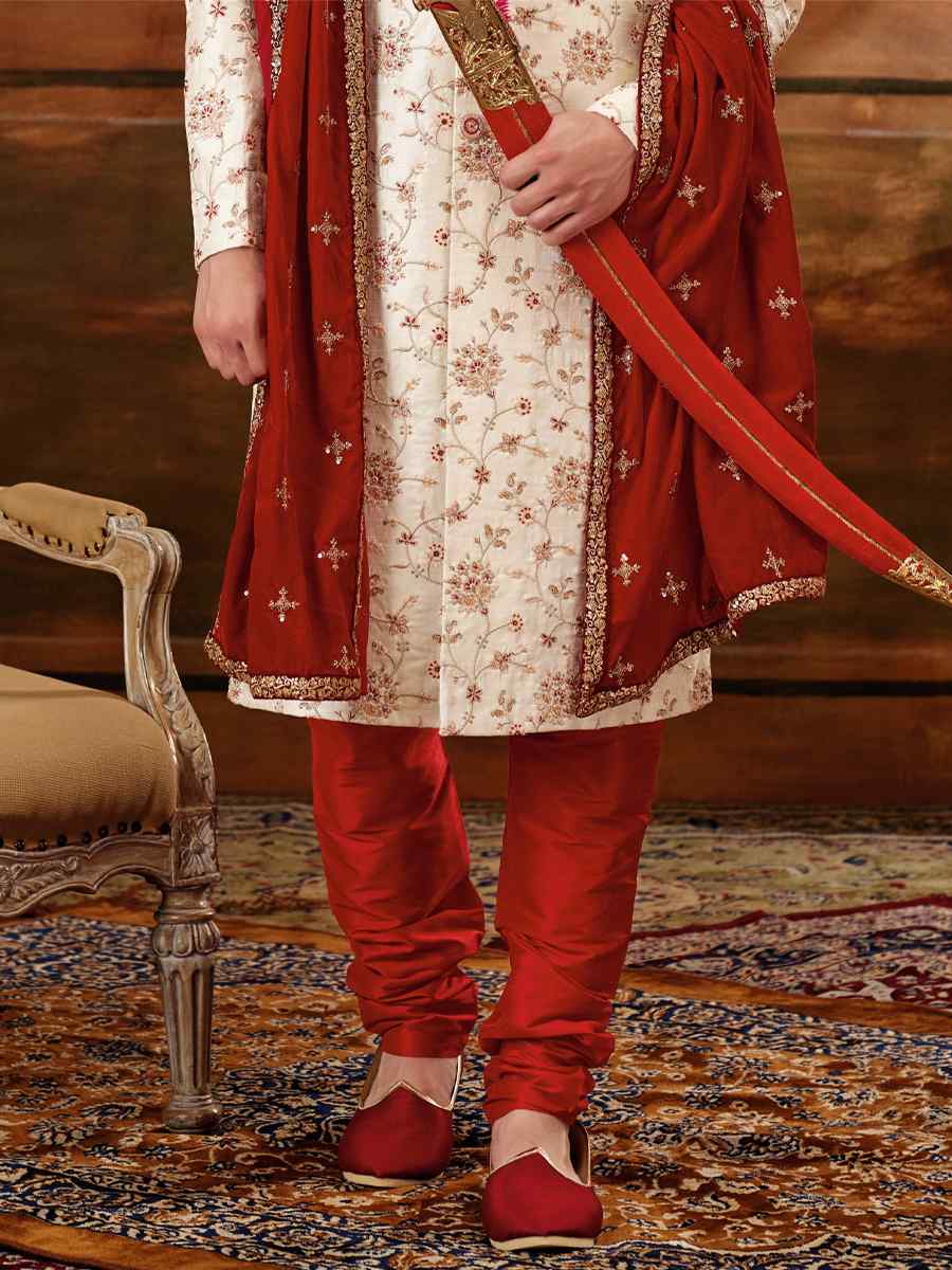 Off-White Art Silk Embroidered Wedding Groom Sherwani